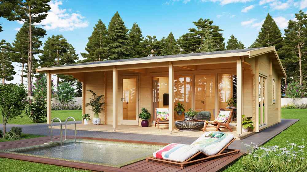 GardenHouse24 USA Mikka 70 Garden Room is staged with lounge chairs and potted plants beside a small pool, showing its relaxing lifestyle appeal