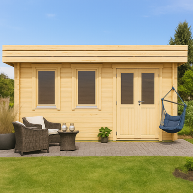 GardenHouse24 USA Miriam 44B Classic Garden Room is shown in a cozy garden setting with a wicker chair set, hammock swing, and lush greenery, enhancing its inviting wooden exterior