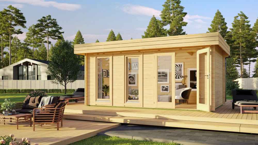 GardenHouse24 USA Miriam 44B Modern Garden Room is shown fully assembled in a lush outdoor setting with modern patio decor and art visible inside
