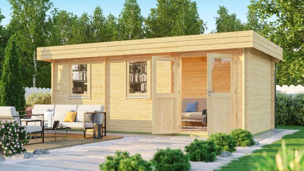 GardenHouse24 USA Miriam 44C Classic Garden Room is pictured with an inviting outdoor patio and open double doors leading inside