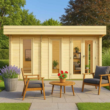 GardenHouse24 USA Miriam 44C Modern Garden Room set in a garden with modern patio furniture and potted plants in the foreground