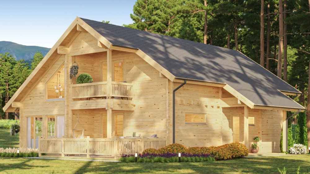 GardenHouse24 USA Olivia 90 Garden Room features a double-level wooden exterior with two balconies, porch fencing, and garden landscaping
