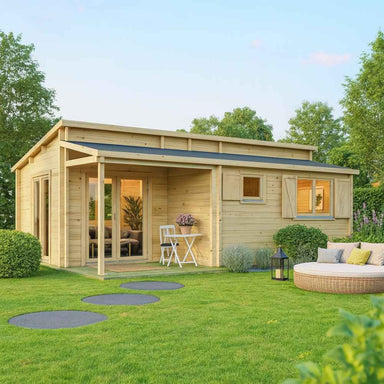 GardenHouse24 USA Pamplona 70 Garden Room with a shaded porch and modern windows stands in a lush garden