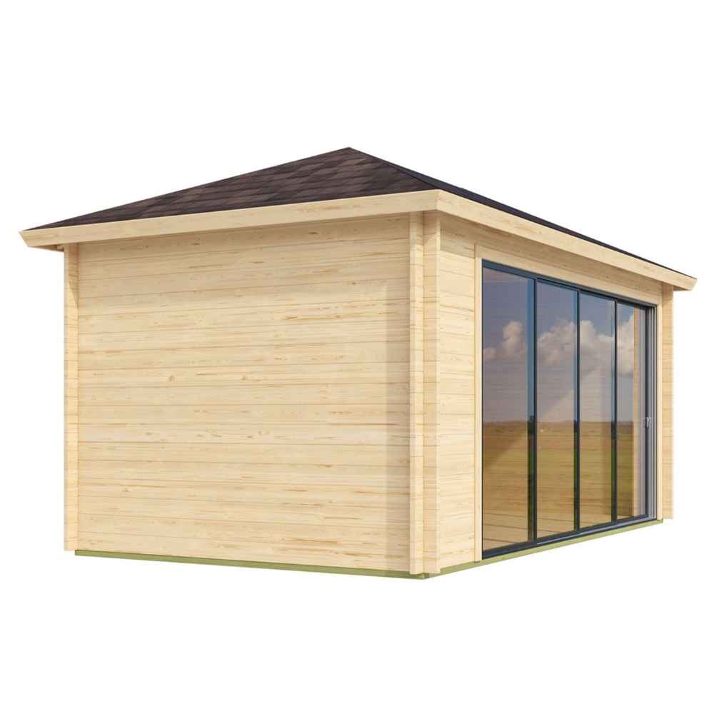 GardenHouse24 USA Pavilion ALU 44D Garden Room features a clean side profile with natural wood walls and a sleek glass front