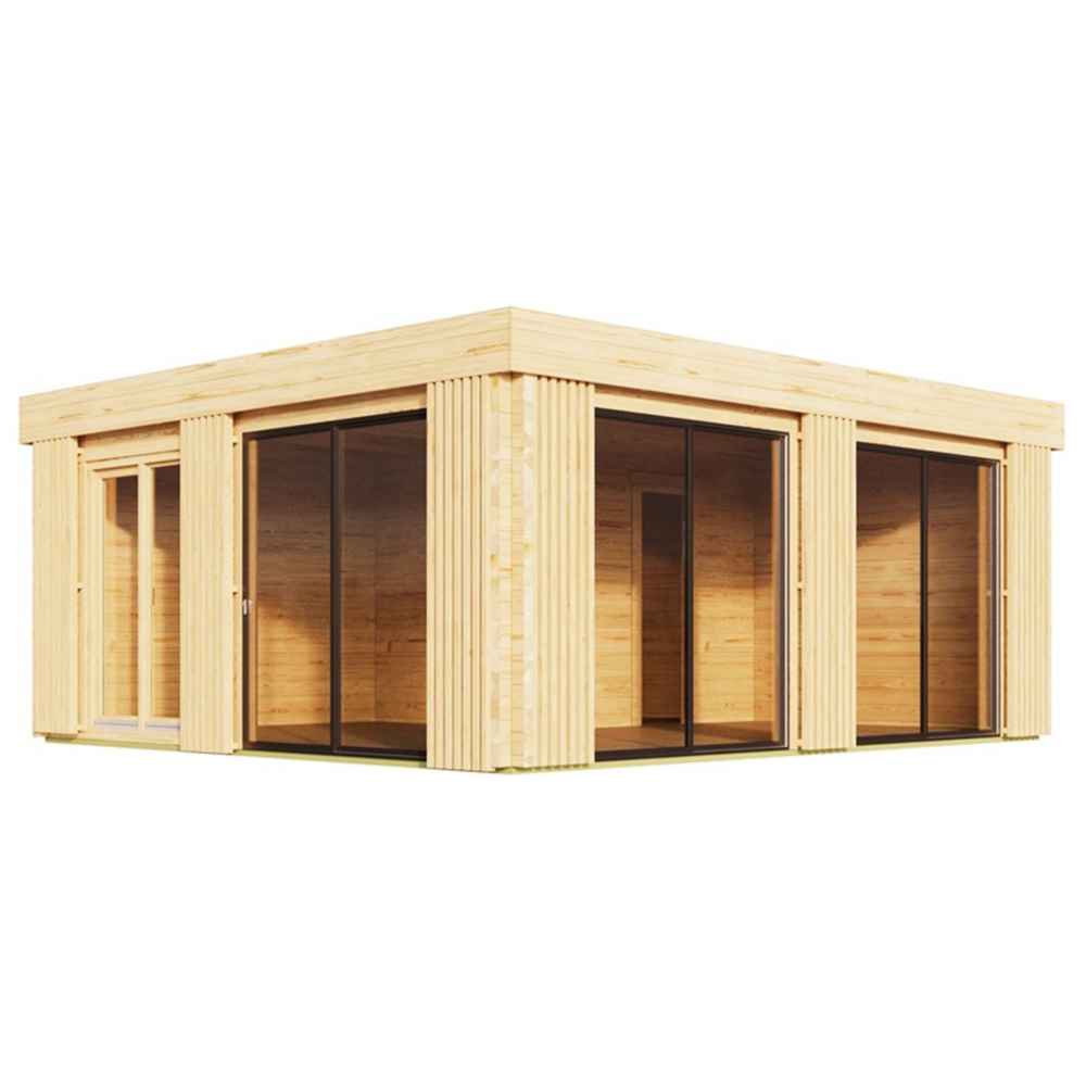 GardenHouse24 USA Sauna Dolce 70 Garden Room is seen with multiple sliding glass doors, highlighting its open and airy architectural design