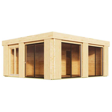 GardenHouse24 USA Sauna Dolce 70 Garden Room is seen with multiple sliding glass doors, highlighting its open and airy architectural design