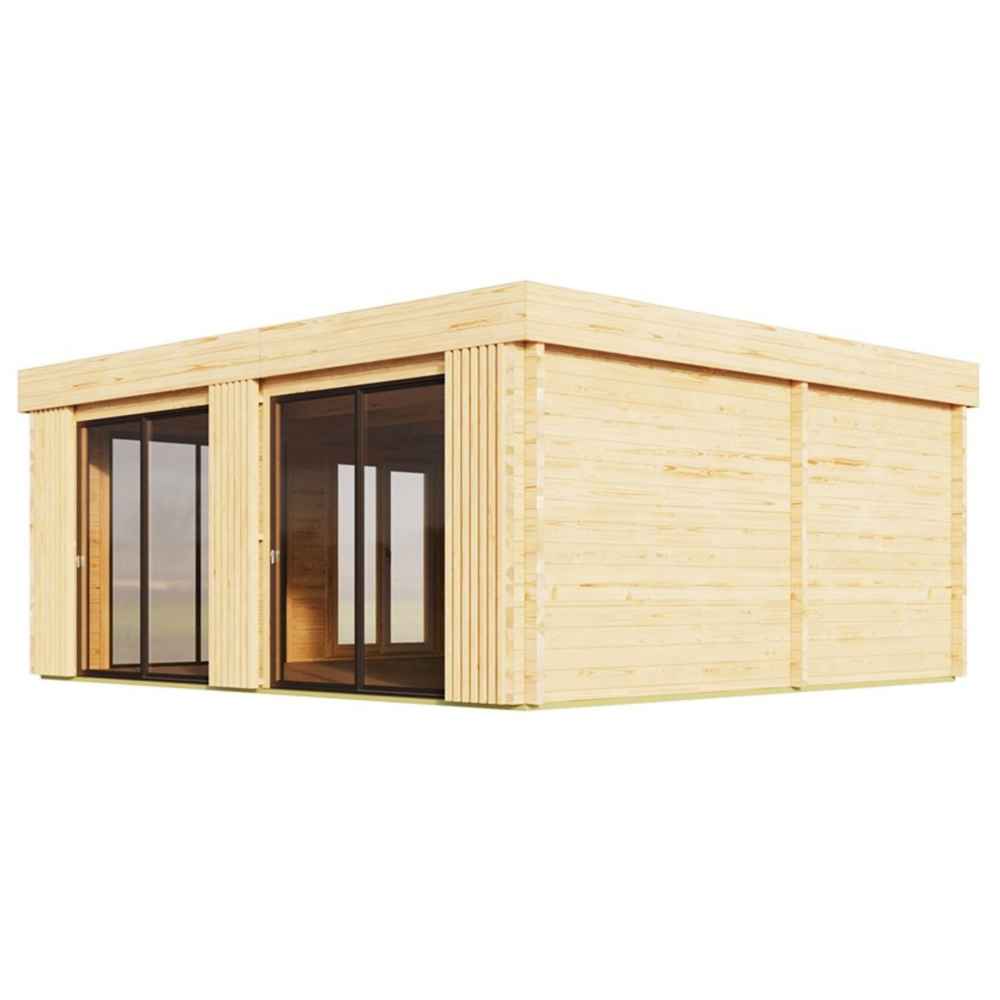 GardenHouse24 USA Sauna Dolce 70 Garden Room is shown from an angle highlighting its clean, minimalist wooden exterior and multiple glass doors
