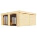 GardenHouse24 USA Sauna Dolce 70 Garden Room is shown from an angle highlighting its clean, minimalist wooden exterior and multiple glass doors