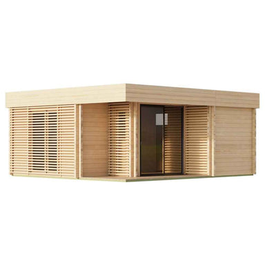 GardenHouse24 USA Sauna Giocoso 70 Garden Room appears in a crisp side view, showcasing its corner entrance and slatted window covers