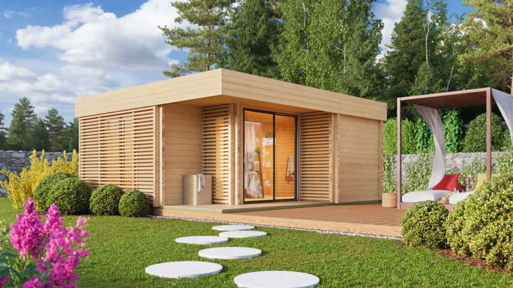GardenHouse24 USA Sauna Giocoso 70 Garden Room is a stylish wooden garden house with horizontal slats and a cozy interior, surrounded by vibrant flowers