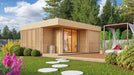GardenHouse24 USA Sauna Giocoso 70 Garden Room is a stylish wooden garden house with horizontal slats and a cozy interior, surrounded by vibrant flowers