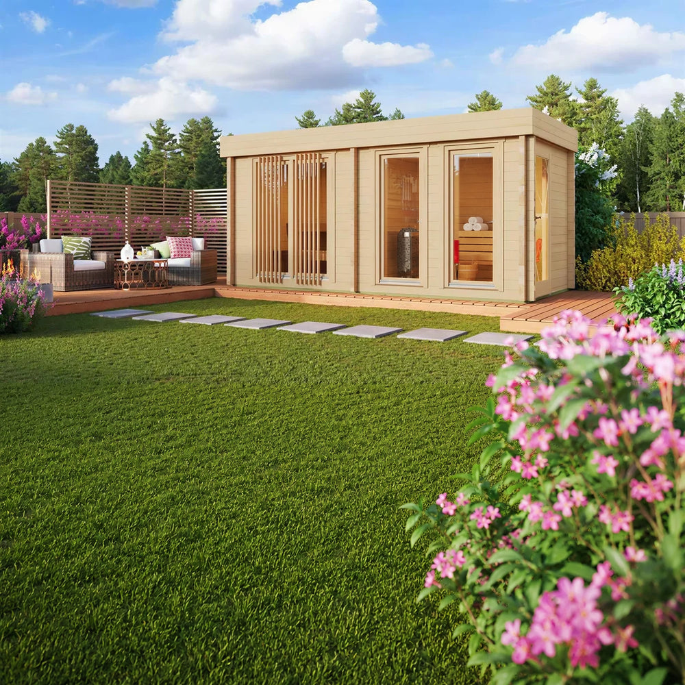 GardenHouse24 USA Sauna Giusto 70 Garden Room placed in a landscaped backyard with flowers and decking, blending relaxation and modern style