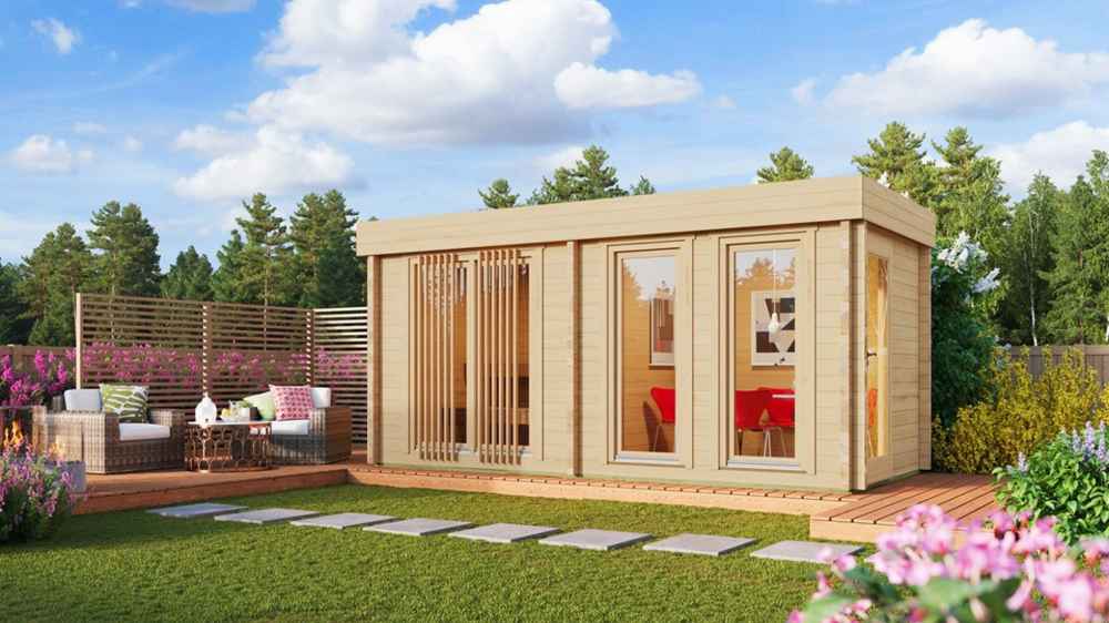 GardenHouse24 USA Sauna Giusto 70 Garden Room placed in a landscaped backyard with flowers and decking, blending relaxation and modern style