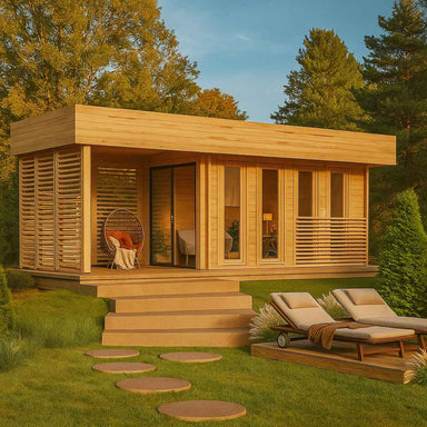 GardenHouse24 USA Sauna Largo 90 Garden Room with wooden slats, large glass doors, and an outdoor lounge area surrounded by trees