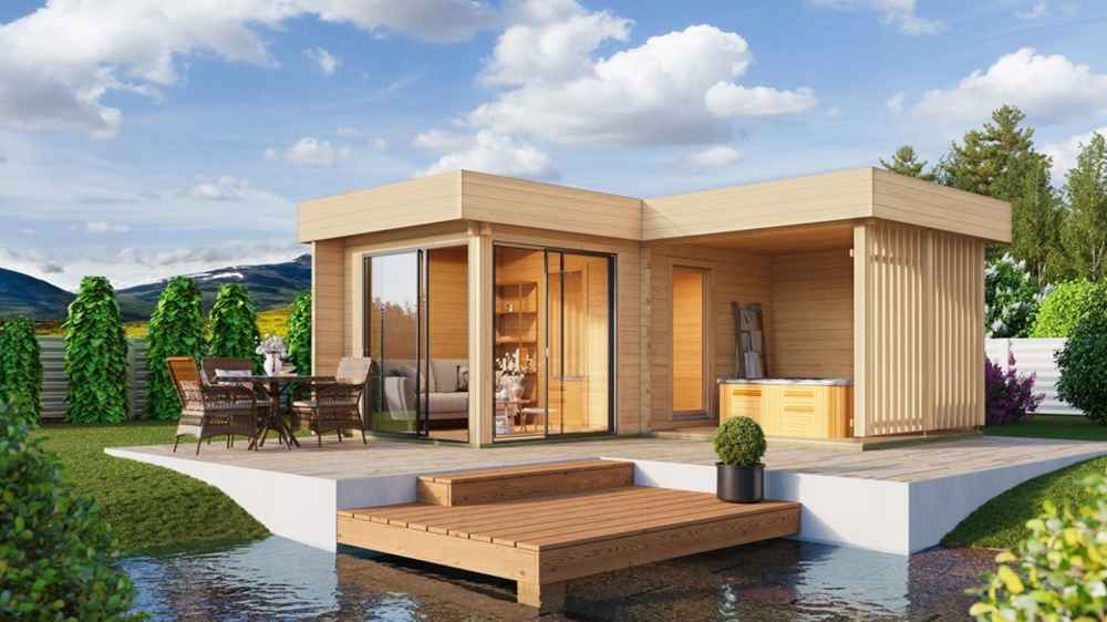 GardenHouse24 USA Sauna Piano 70 Garden Room is set beside a small pond, featuring an inviting patio with outdoor seating and warm interior lighting