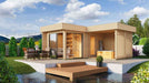 GardenHouse24 USA Sauna Piano 70 Garden Room is set beside a small pond, featuring an inviting patio with outdoor seating and warm interior lighting