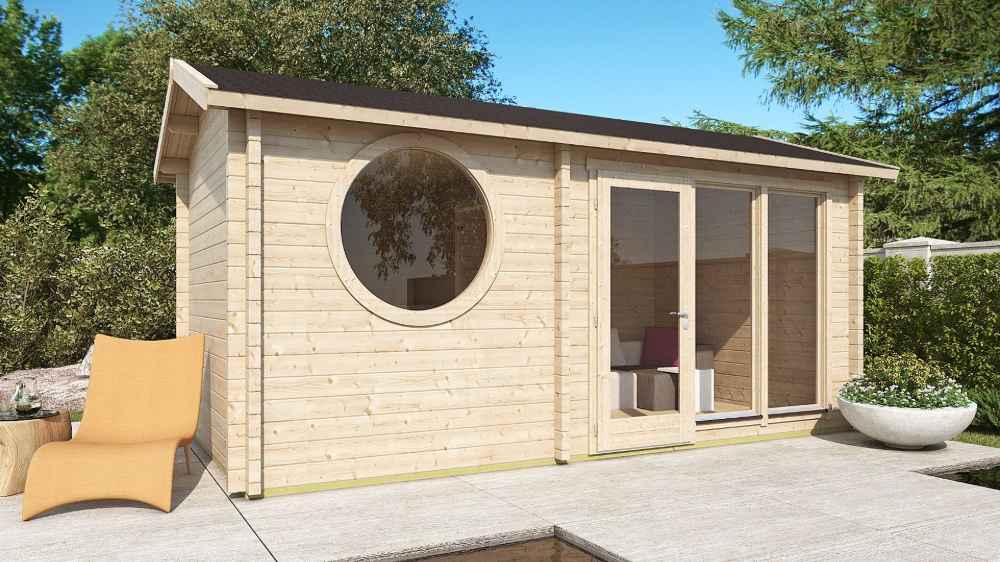 GardenHouse24 USA Sauna Sanna 90 Garden Room shows it placed in a sunny outdoor space, surrounded by greenery and outdoor seating