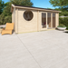 GardenHouse24 USA Sauna Sanna 90 Garden Room shows it placed in a sunny outdoor space, surrounded by greenery and outdoor seating
