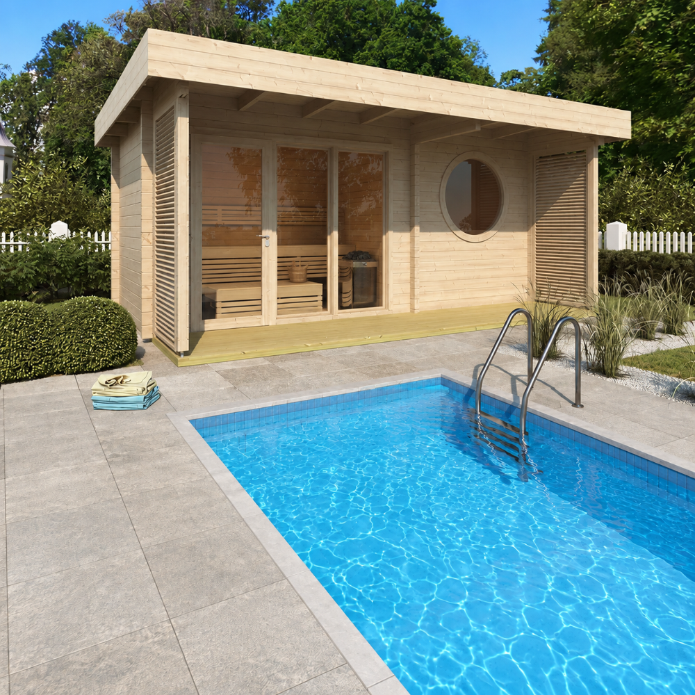 GardenHouse24 USA Sauna Sirpa 90 Garden Room is shown by a poolside, blending modern wood design with a lush garden for a tranquil outdoor retreat