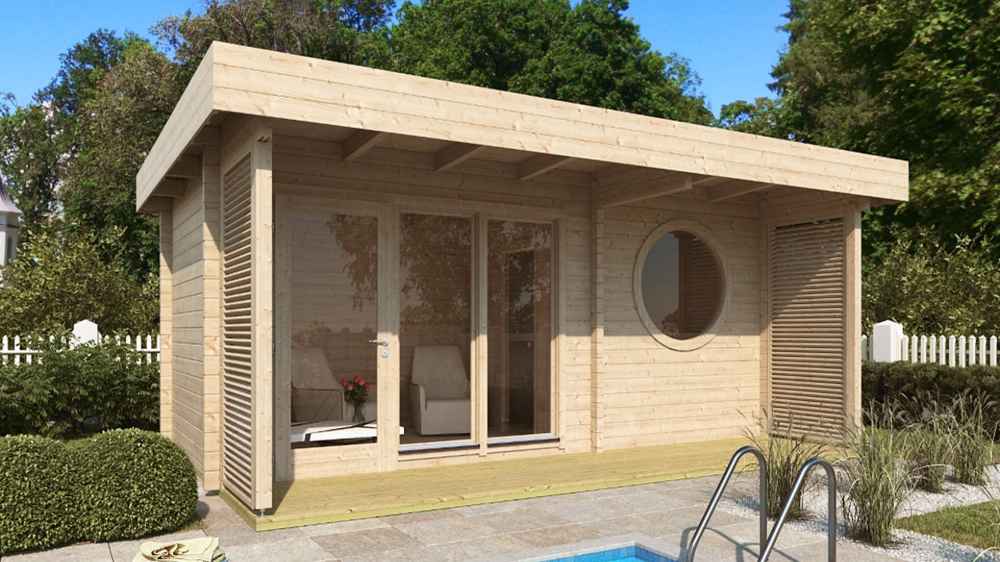 GardenHouse24 USA Sauna Sirpa 90 Garden Room is shown by a poolside, blending modern wood design with a lush garden for a tranquil outdoor retreat