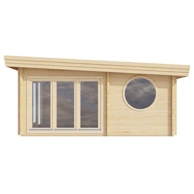 GardenHouse24 USA Sauna Tanonka 70 Garden Room displays its glass double doors and large circular window in a clean, modern layout