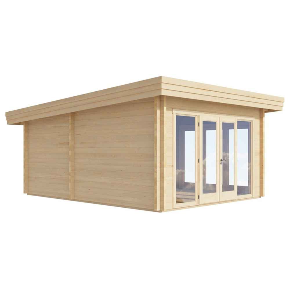 GardenHouse24 USA Sauna Tanonka 70 Garden Room is pictured at an angle, highlighting its sleek sloped roof and modern Scandinavian design