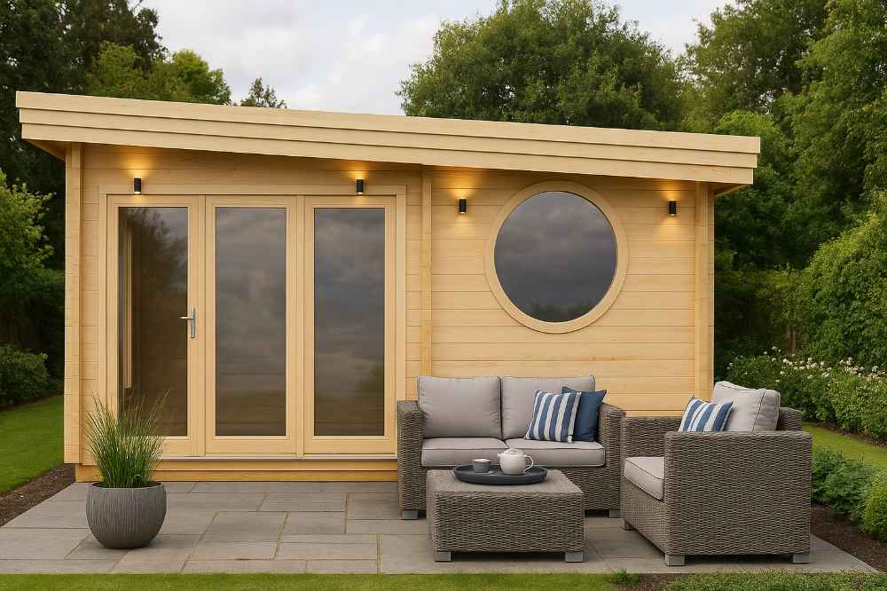 GardenHouse24 USA Sauna Tanonka 70 Garden Room is shown lit at dusk with cozy outdoor wicker furniture and soft wall lighting