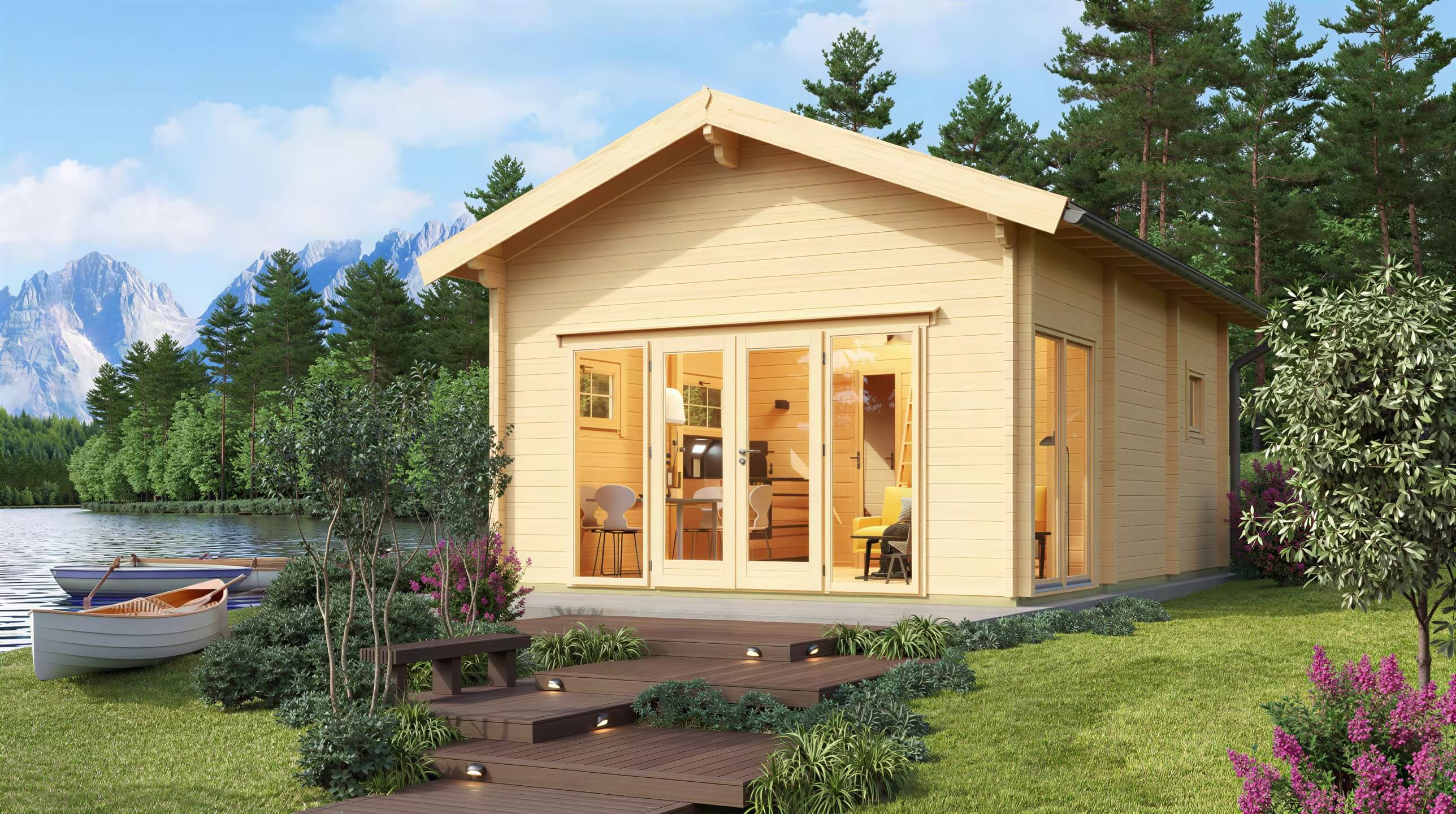 GardenHouse24 USA Sigrid 44 Garden Room is shown in a lakeside setting surrounded by trees and flowers, glowing warmly with interior lights