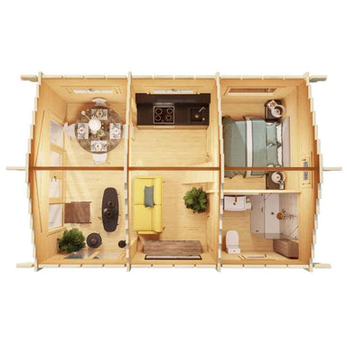 GardenHouse24 USA Sigrid 70 Garden Room is shown in a top-down interior layout featuring a living area, dining space, bedroom, and bathroom