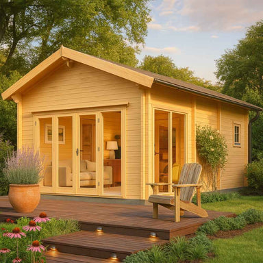 GardenHouse24 USA Sigrid 70 Garden Room with large glass doors and warm lighting on a wooden deck