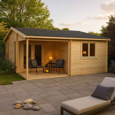 GardenHouse24 USA Skanderborg 44 Garden Room with a front porch lit by warm lamps