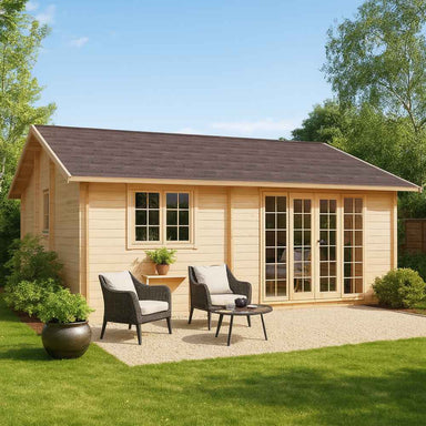 GardenHouse24 USA Skive 70 Garden Room is shown with soft light wood, symmetrical windows, and two black wicker chairs on a gravel patio