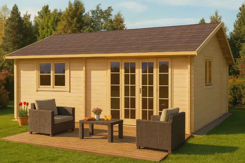 GardenHouse24 USA Skive 70 Garden Room with a dark roof and glass-panel double doors sits on a grassy lawn with wicker patio seating