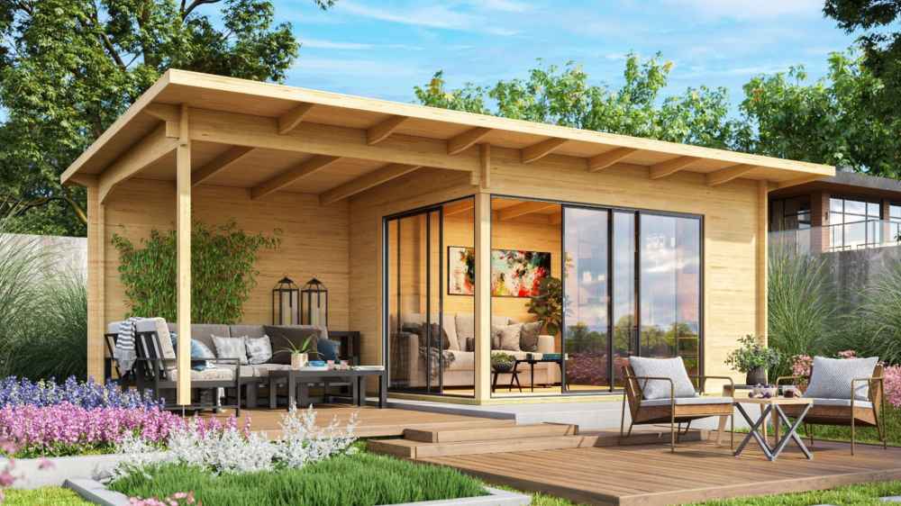 GardenHouse24 USA Starla 44C ALU ISO Garden Room appears beautifully styled with furniture and garden surroundings