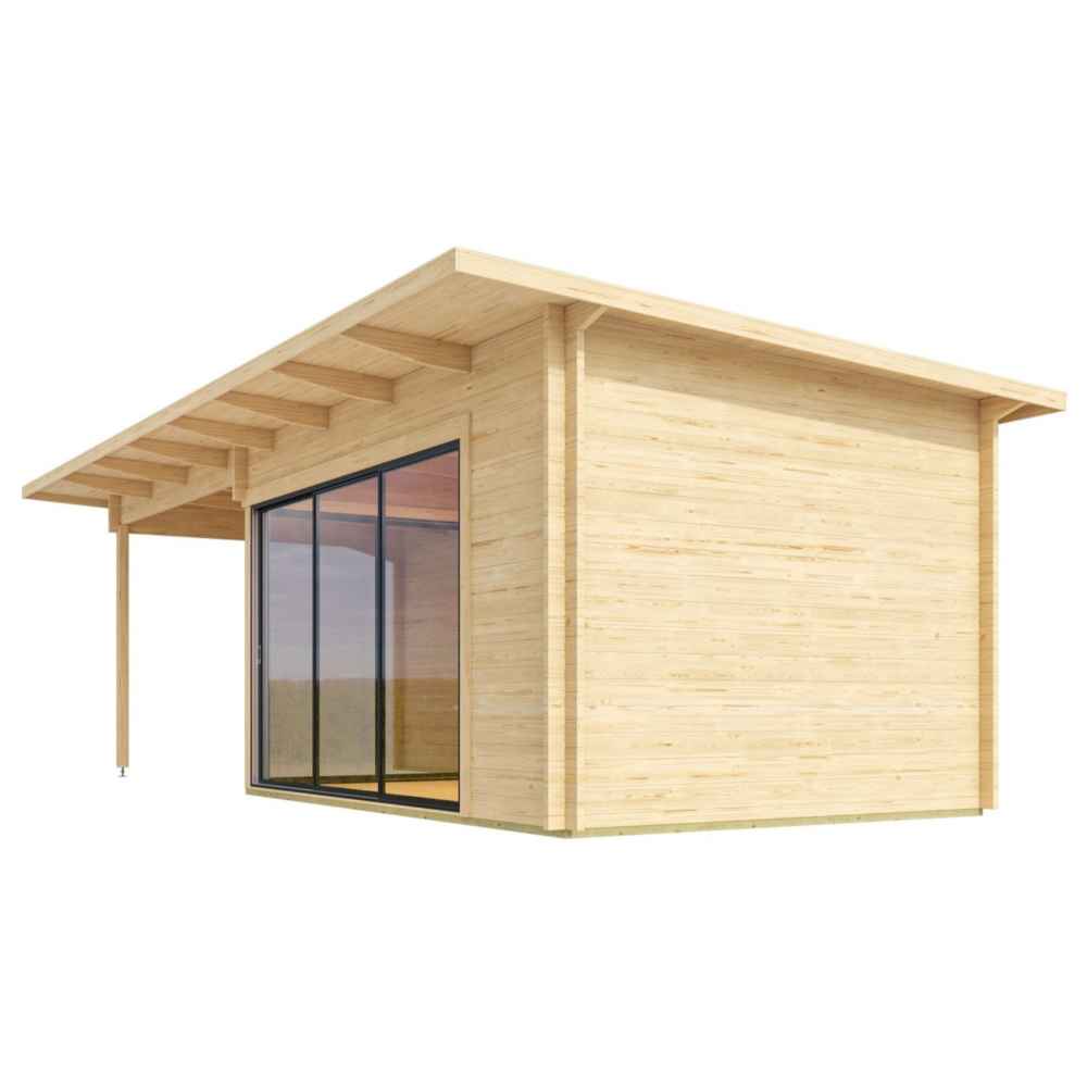 GardenHouse24 USA Starla 44C ALU ISO Garden Room is viewed from the back left, emphasizing its smooth wooden exterior and simple form