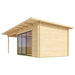 GardenHouse24 USA Starla 44C ALU ISO Garden Room is viewed from the back left, emphasizing its smooth wooden exterior and simple form