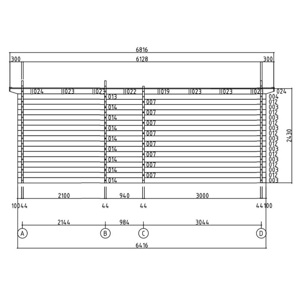 GardenHouse24 USA Starla 44C ALU ISO Garden Room technical drawing shows the front elevation with labeled wall segments and precise measurements for construction
