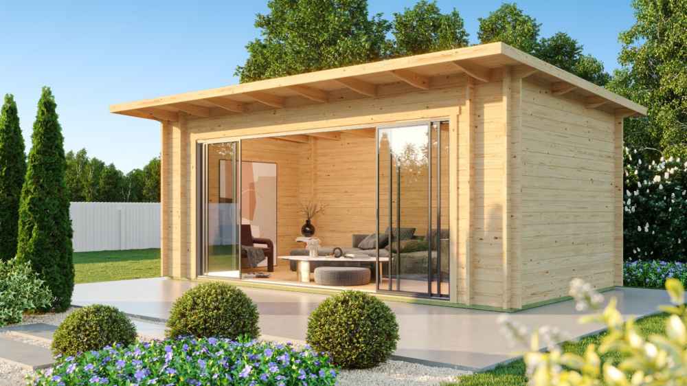 GardenHouse24 USA Starla 44E ALU ISO Garden Room is beautifully staged in a landscaped yard with sunlight pouring through its glass front into the inviting interior