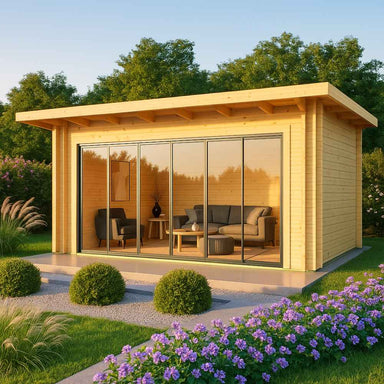 GardenHouse24 USA Starla 44E ALU ISO Garden Room is beautifully staged in a landscaped yarGardenHouse24 USA Starla 44E ALU ISO Garden Room is set in a lush garden with large glass doors revealing a cozy sofa set insided with sunlight pouring through its glass front into the inviting interior