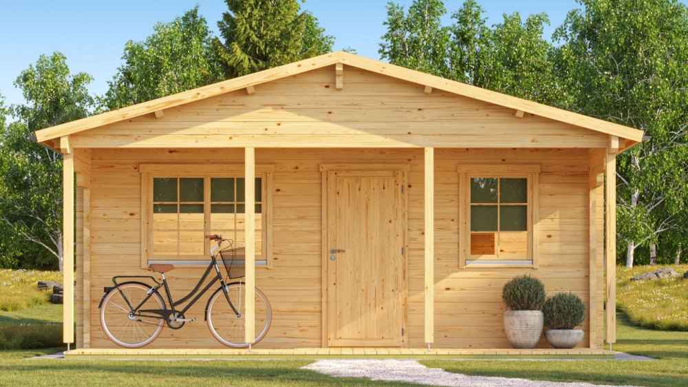 GardenHouse24 USA Vienna 70 Garden Room is shown from the front, featuring a tidy porch, double windows, and rustic charm