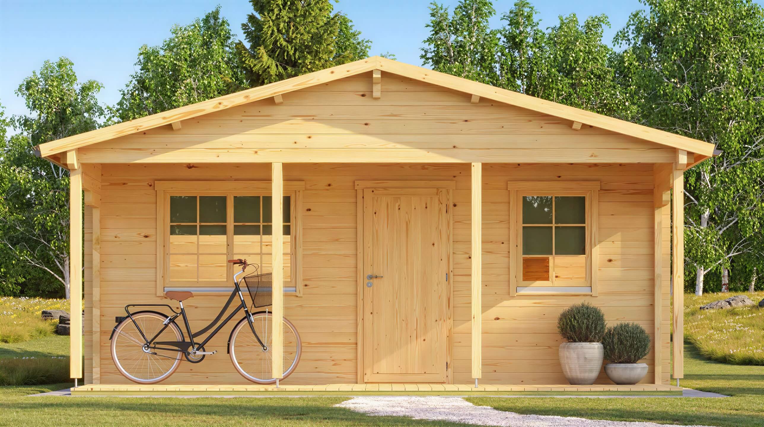 GardenHouse24 USA Vienna 70 Garden Room is shown from the front, featuring a tidy porch, double windows, and rustic charm