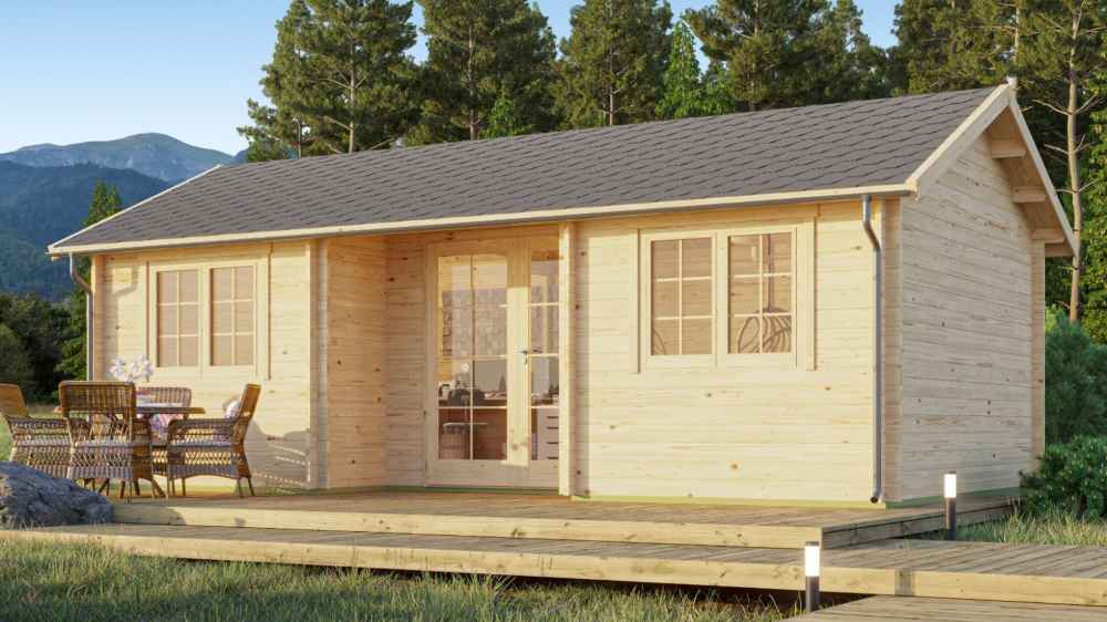 GardenHouse24 USA Wallis 44 Garden Room sits on a wooden deck with outdoor dining furniture in front