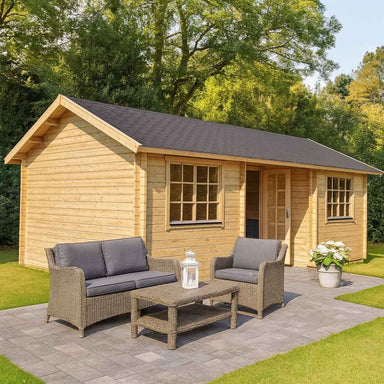 GardenHouse24 USA Wallis 44 Garden Room with a shaded patio and outdoor wicker seating