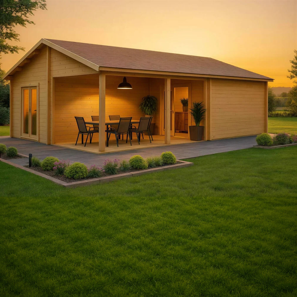 GardenHouse24 USA Bendy 70 Garden Room with a covered porch and warm lighting stands in a landscaped backyard at sunset
