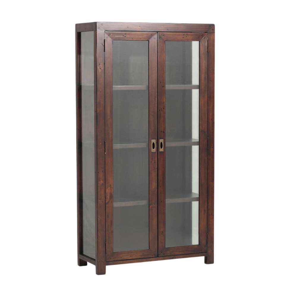 Glass-door Crate & Barrel Morris 36" Chocolate Brown Wood and Glass Bookcase Cabinet shown in a three-quarter view