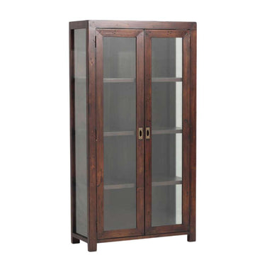 Glass-door Crate & Barrel Morris 36" Chocolate Brown Wood and Glass Bookcase Cabinet shown in a three-quarter view