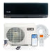Glossy black wall unit above a white condenser, coiled line set, remote with orange screen and phone app for ACiQ 18000 BTU Essentials 20 SEER2 Single Zone Wall Mount Mini Split Heat Pump System