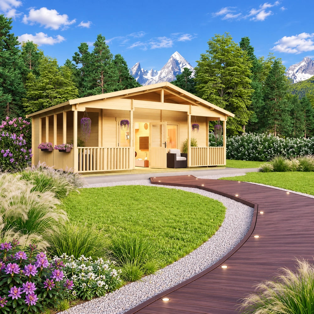 Glostrup 44 wooden garden room with a covered veranda, railings and hanging flower baskets, surrounded by lush landscaping with snow-capped mountains in the background.