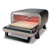 Glowing heating elements surround the empty pizza stone inside the open Ninja Artisan 5-in-1 Portable Electric Pizza & Outdoor Oven