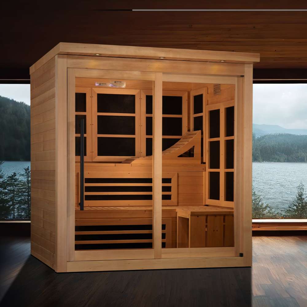 Golden Designs 6 Person Near Zero EMF Far IR Sauna Elite in a room with tall windows overlooking a lake and mountains